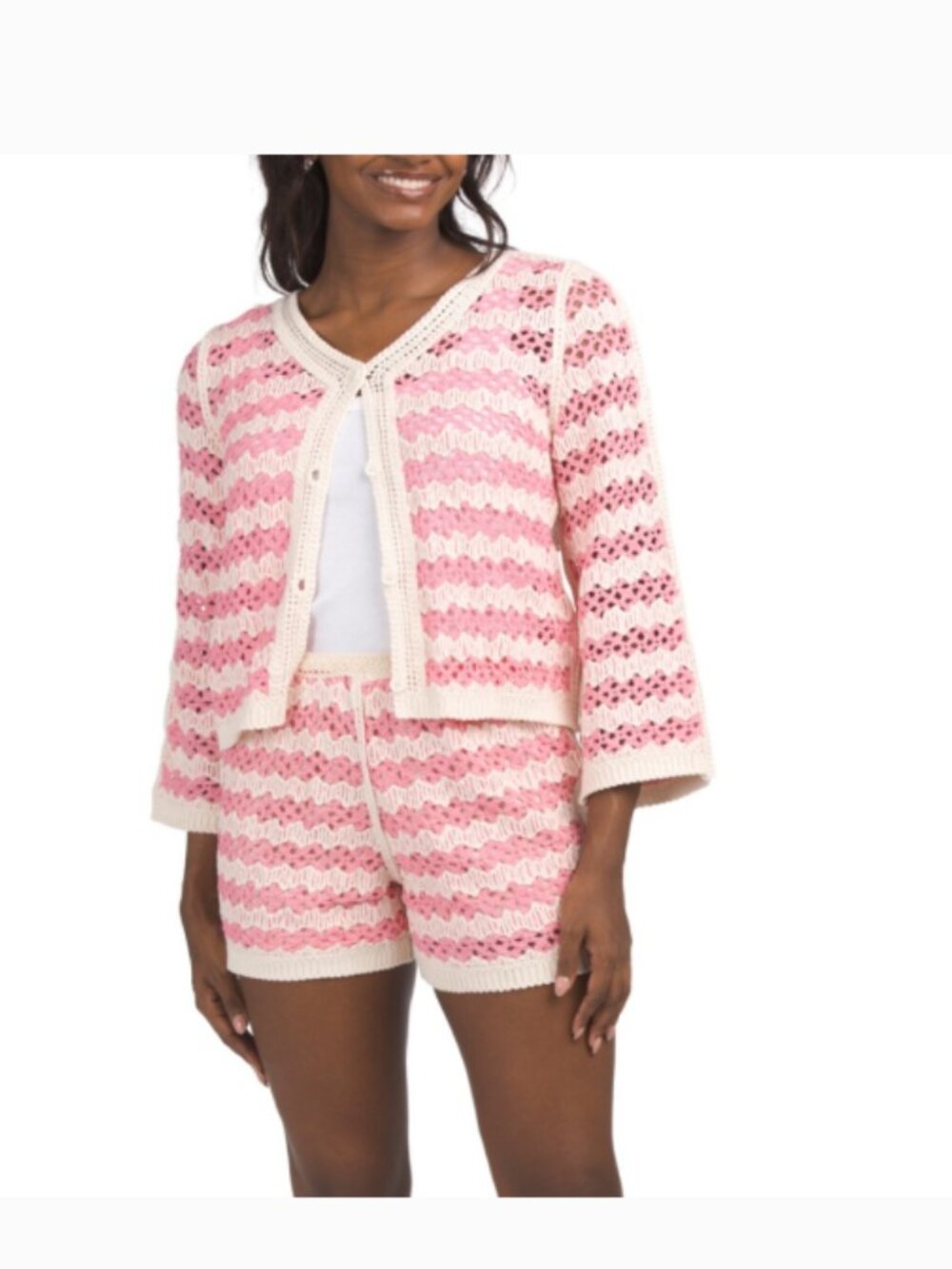 NWT SOLITAIRE 2-PIECE ZIG ZAG CARDIGAN SHORTS KNIT CROCHET PINK/ IVORY SET Large